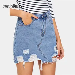 SweatyRocks выбеленная джинсовая юбка с потертостями уличная синяя необработанный край трапециевидная юбка 2019 летняя модная женская мини-юбка