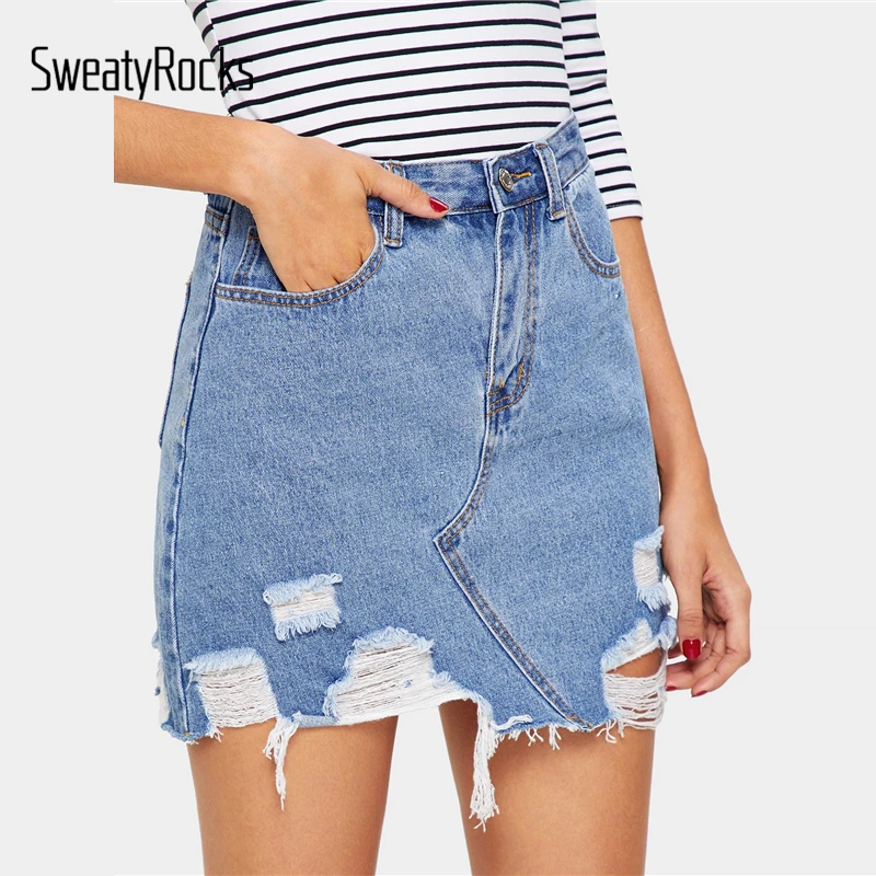 

SweatyRocks Bleach Wash Distressed Denim Skirt Streetwear Blue Frayed Edge A Line Skirt 2019 Summer Fashion Women Mini Skirts