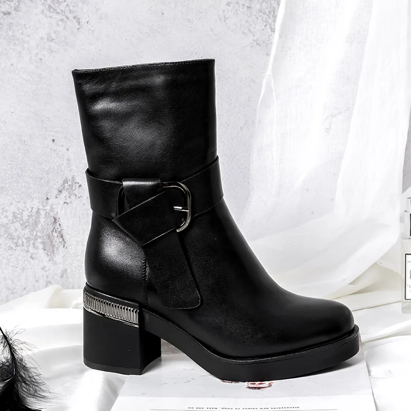 BELISS 2018 fashion winter boots women mid calf genuine leather round toe snow boots ladies high heels buckle  (1 (21)