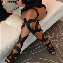 Летние женские пикантные черные высокие сандалии из змеиной кожи со шнуровкой на высоком каблуке-шпильке обувь для вечеринок до колена с вырезами и широкими ремешками