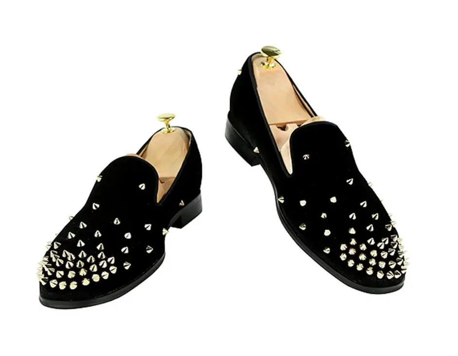 

Eunice Choo Black Suede Leather Men Dress Loafers Rivets Decor Slip On Round Toe Leisure Men Shoes Fashion Smoking Footwear