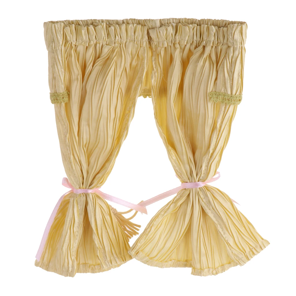 1:12 Scale Dollhouse Miniature Cute Satin Silk Long Curtain for Dolls Bedroom Room Furniture Decor Accessory