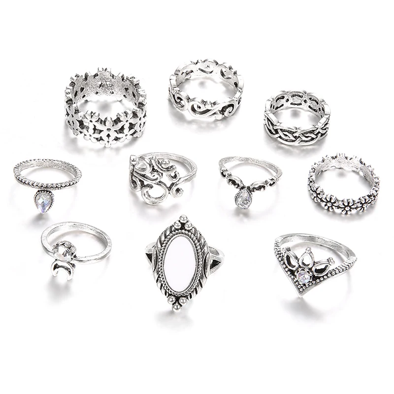 Модные ювелирные изделия для девочек, 10 шт./компл., богемное серебряное гравированное кольцо, Винтажное кольцо миди на палец, набор женских украшений, набор колец на костяшки