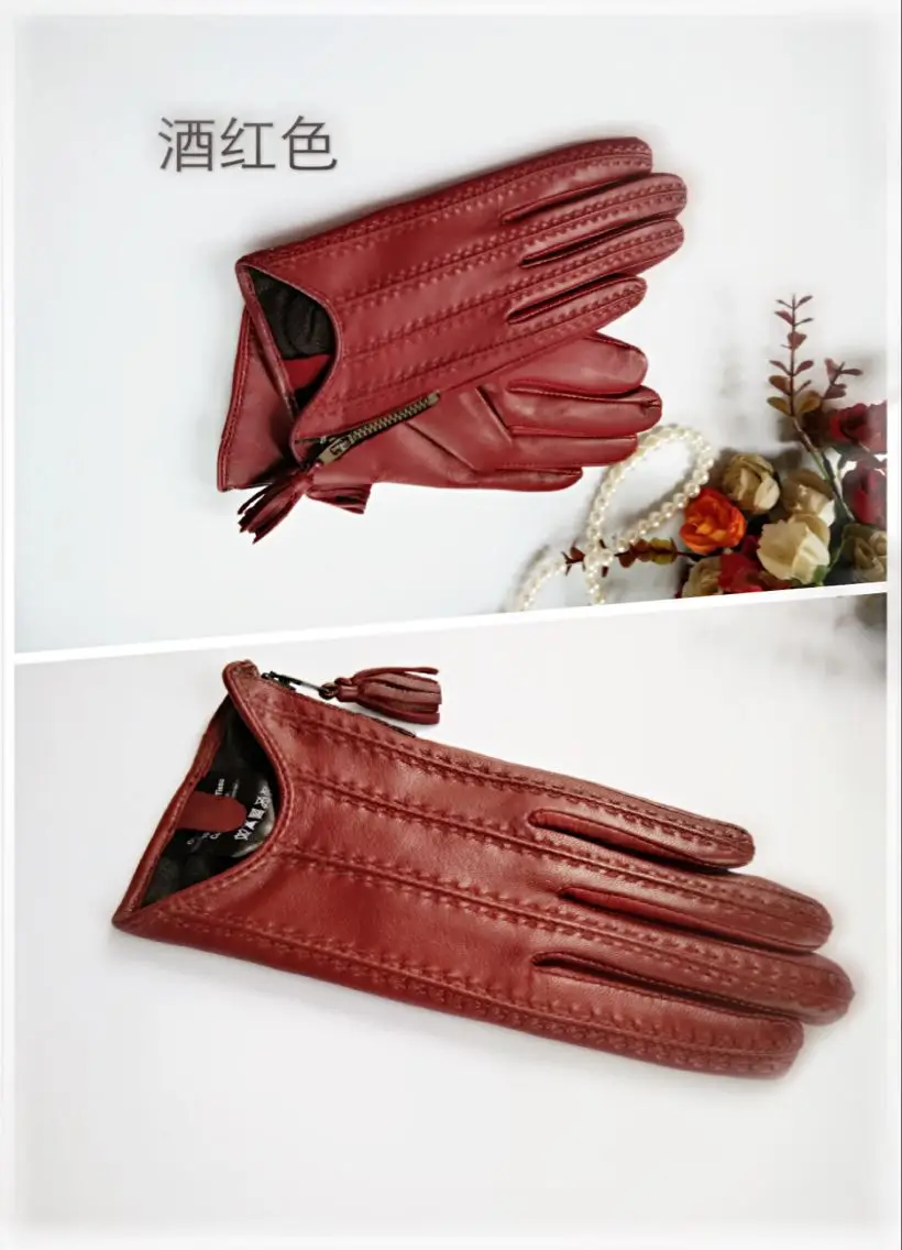 Перчатки на молнии с кисточками для вождения, модные новые перчатки из козьей кожи, женские модные варежки из натуральной кожи LG015