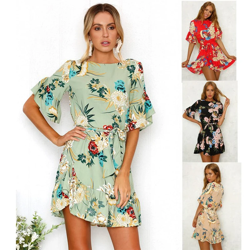 

Women Summer Ruffle Sleeve Dress Floral Print Mini Dress Boho Style Belt Slim Beach Dresses Streetwear Vestidos