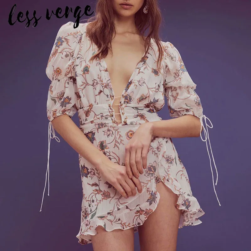 

lessverge V neck boho sexy chiffon dress mini Puff sleeve backless ruffle summer dress casual Lace up A line short dress vestido