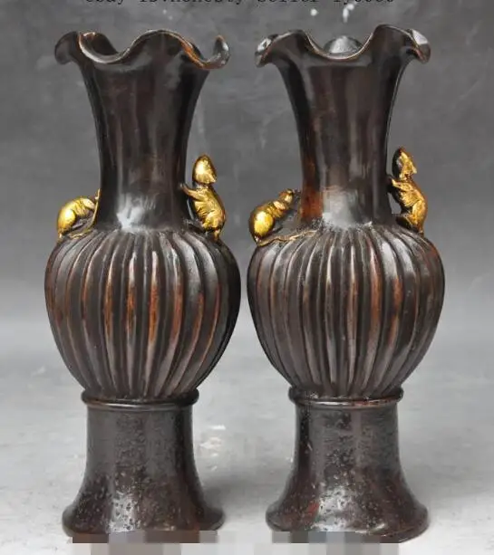 

S03244 marked Chinese Bronze lucky wealth Rat Mouse statue Cup Bottle Pot Vase Jar pair B0403