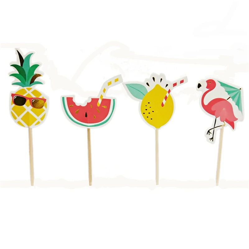 

24Pc/set Jungle Summer Hawaii Party Flamingo Pineapple Watermelon Lemon Cake Topper Birthday Party Decorations Kids Eid Mubarak.