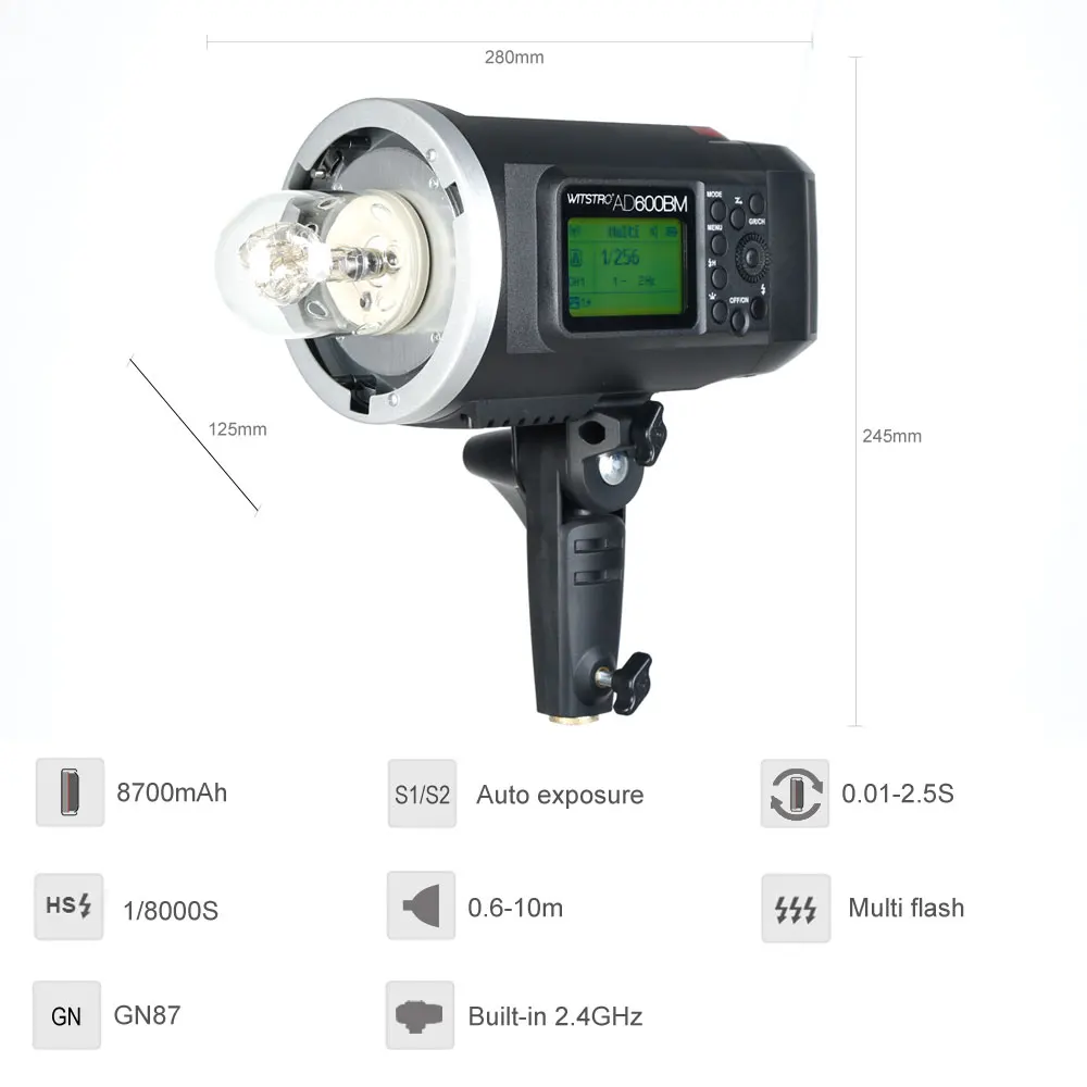 Camera Flash Godox Wistro AD600BM Bowens Mount 600W GN87 HSS 1/8000s Sync Outdoor Flash With 2.4G Wireless X System Build-in 8700mAh Battery