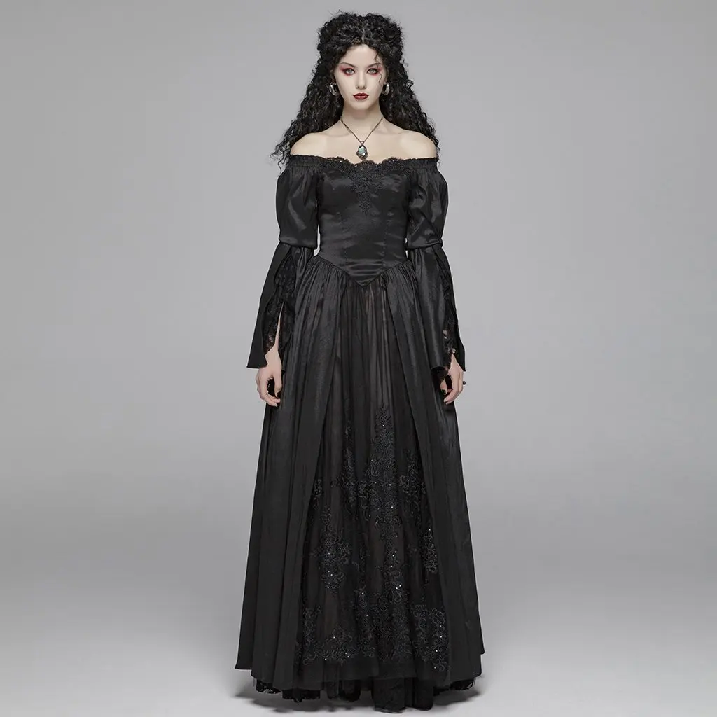 Punk Rave Vrouwen Goth Off Shoulder Bloemen Kant Maxi Gown WQ419LQF