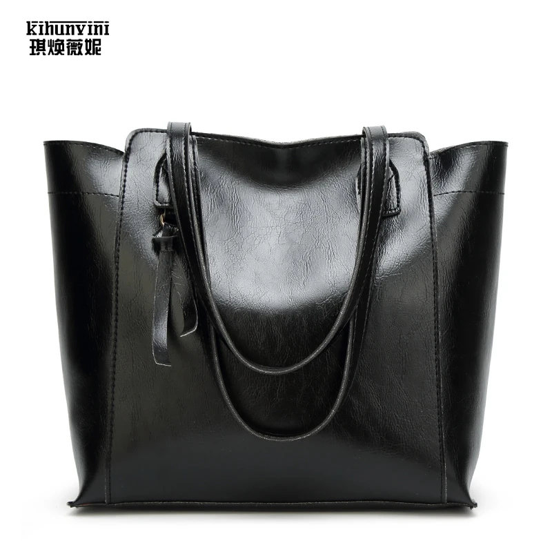 

KIHUN Oil Wax Leather Handbag Women Tote Bags 2018 New Arrivals Ladies Shoulder Bag Large Capacity Weekender Shopping Bag Bolsas