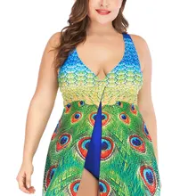 Rosegal 4XL плюс размер цельный купальник Павлин Печать щелевая цельные купальники Купальники Мягкий большой размер пляжная одежда платье