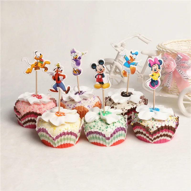 

24pcs/lot Cartoon Princess Mickey Mouse Pokemon Dog Sheme Party Cupcake Toppers Picks Birthday Party Decoration Kids Supply