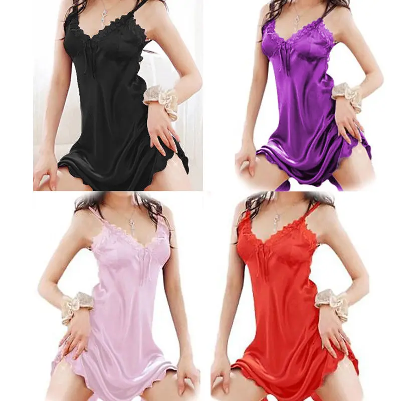 2018 Sexy Lingerie Women Lace Satin Dress Babydoll Nightdress Nightgown Sleepwear Red Purple Black Pink