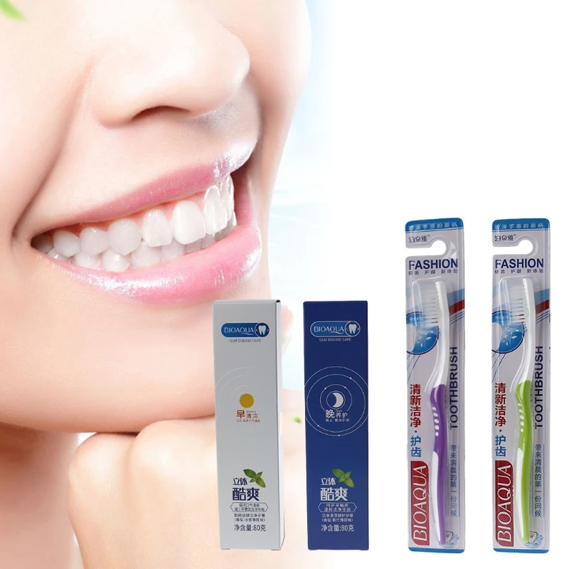 2Pcs Fresh 80g Morning Night Toothpaste with 1 Toothbrush Whitening
