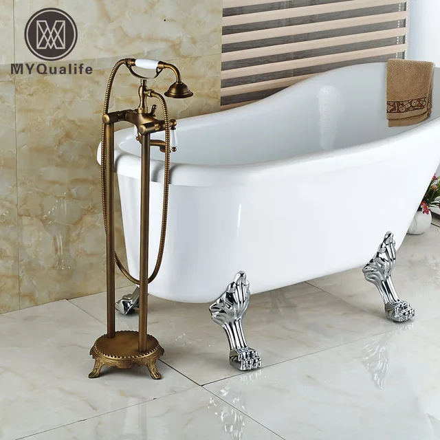 Ottone antico Doppia Maniglia Bagno Free Standing Rubinetto Vasca ... Ottone antico Doppia Maniglia Bagno Free Standing Rubinetto Vasca ...