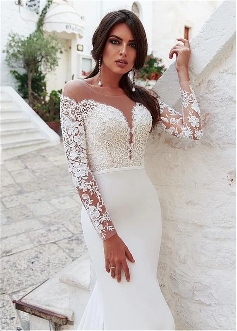 Vestidos De Noiva 2020 Элегантное Длинное платье русалки рукав свадебное Тюль аппликации