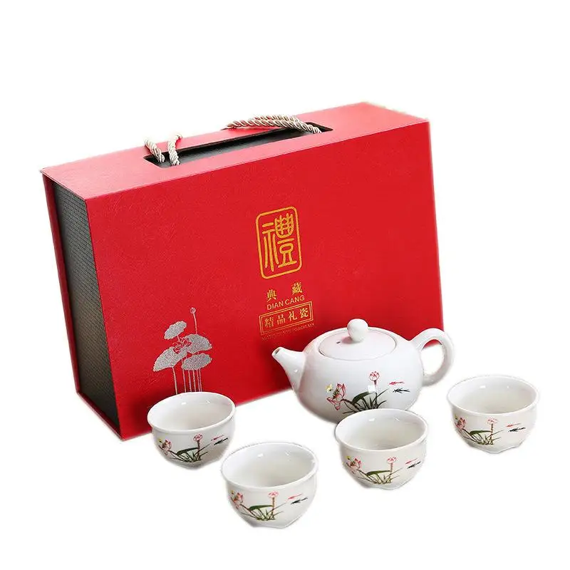 Ceramic Tea Set Include 1 Teapot 4 Teacups Teapot Kettle Elegant Lotus Printed White Chinese Travel Ceramic Portable Teaset Gift Ceramic Tea Set Include 1 Teapot 4 Teacups Teapot Kettle Elegant Lotus Printed White Chinese Travel Ceramic Portable Teaset Gift
