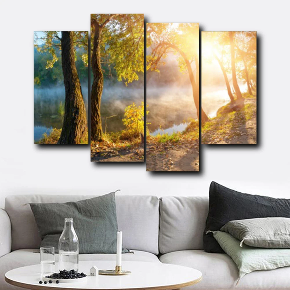 

Laeacco 4 Panel Forest Sunshine Canvas Calligraphy Painting Outside Posters Prints Wall Art Nordic Home Living Room Decoration
