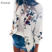 Vertvie, модная Осенняя Женская Ретро куртка-бомбер на молнии с цветочным рисунком, тонкая куртка, повседневное пальто с длинным рукавом, короткая куртка, большой размер