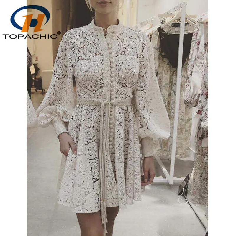 

6.25 Summer quality fashion Bohemian female Stand collar Lantern Sleeve Sashes Lace Hollow Out Mini dress+ Lining Two-piece set