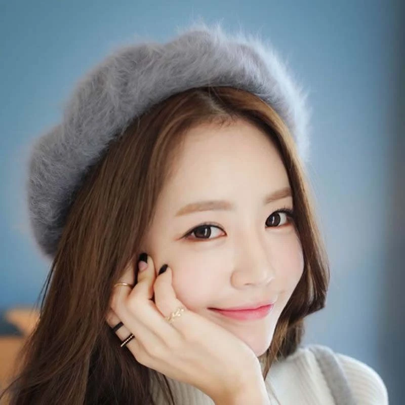 

Women Beret Vogue Hat For Winter Female Real Rabbit Hair Hats Cap Warm Solid Color Lady's Girl's Beanies Boinas De Mujer YD007