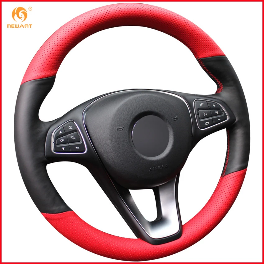 Us 47 51 15 Off Mewant Black Red Genuine Leather Car Steering Wheel Cover For Mercedes Benz C180 C200 C260 C300 B200 Interior Accessories Parts In