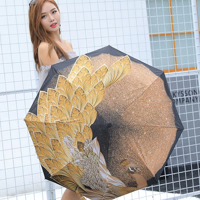 

Yesello Peacock Painting Wedding Umbrella Women Waterproof Three Folding Pencil Umbrellas Travel Portable Pocket Bride Umbrella