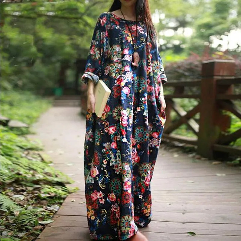 ZANZEA женское длинное платье макси Винтажные Платья с цветочным принтом с длинным рукавом и карманами повседневные свободные платья размера плюс