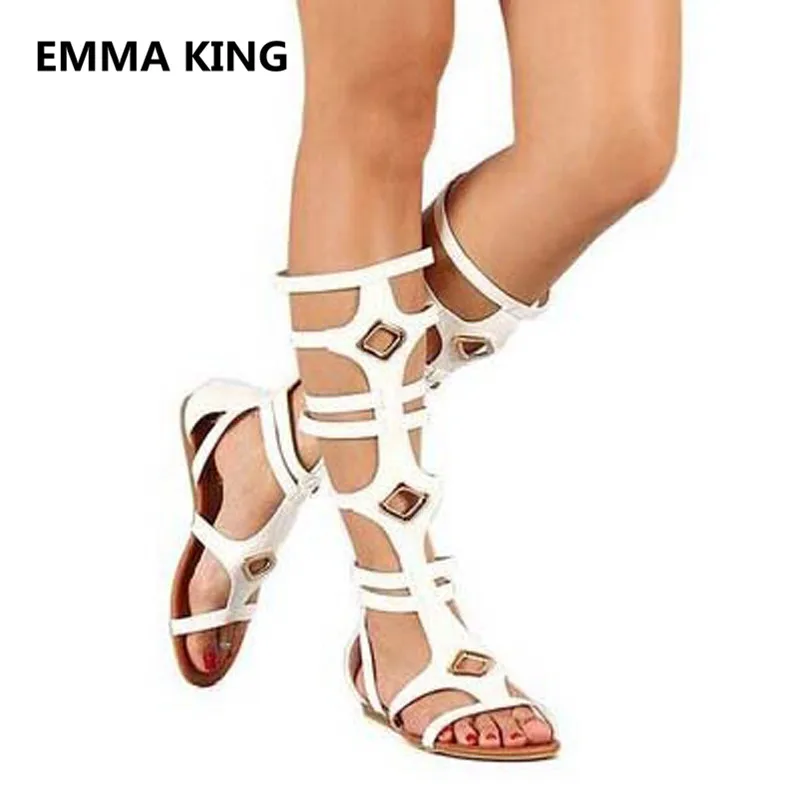

Metal Circle Women Knee High Gladiator Sandals Open Toe Cut-Out Casual Shoes Woman Summer Boots Runway Woman Roman Sandals Botas