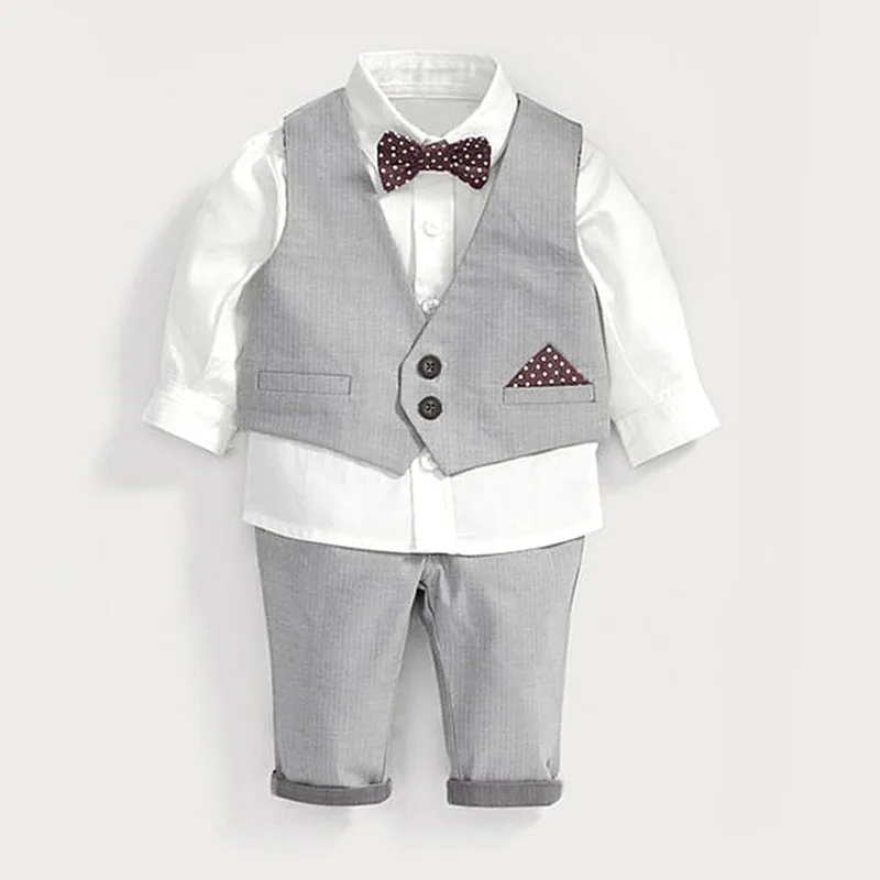 Boys clothing set white shirt+pants+vest kids gentlemen bow tie baby boy clothes infant toddler wedding party birthday outfits