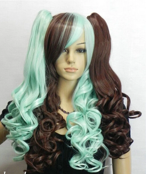 

Lolita Long Wavy Dark brown + Blue Mixed Split Cosplay Wig Ponytails LAHF031