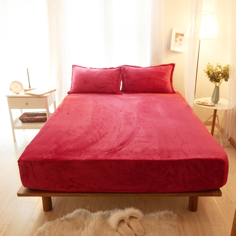 

Big Red Solid Color 3Pcs Bed Sheet With Pillowcase Bed Linen Mattress Covers Fitted Sheet Sets With Elastic 200x220cm 7 Size