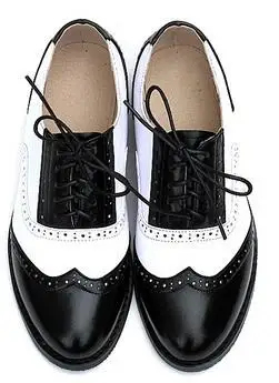 Всесезонные популярные фирменные дизайнерские винтажные Туфли-оксфорды из натуральной кожи смешанных цветов; цвет черный, белый; женские туфли-Дерби из воловьей кожи на плоской подошве; skor - Цвет: Black  white