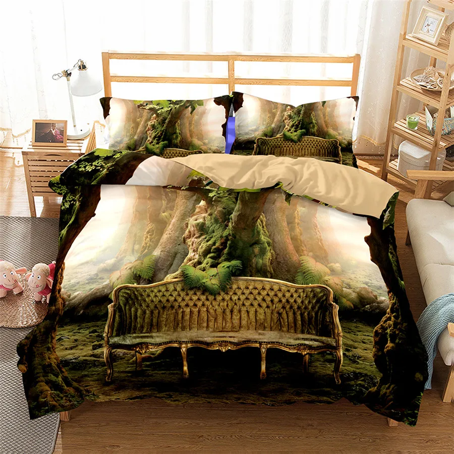 HELENGILI 3D طقم سرير الغابات دريم لاند طباعة حاف مجموعة غطاء نابض بالحياة أغطية مع المخدة طقم سرير المنسوجات المنزلية #2-09