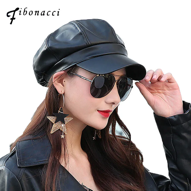 

Fibonacci 2017 Retro High Quality PU Beret Black Faux Leather Newsboy Octagonal Hat Cap The French Artist Women Beret