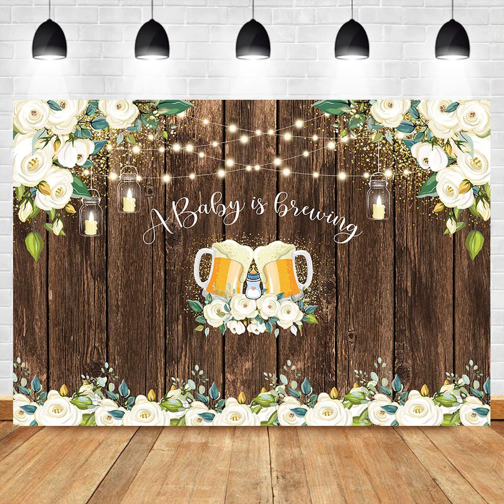 

NeoBack Baby Shower Backdrop Flower Wooden Baby Shower Photography Background White Floral Beer Cheers Party Banner Backdrops