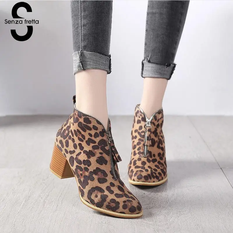 

Autumn Winter Fashion Leopard Ankle Boots Women Square High Heel Pointed Toe Sexy Martin Shoes Front Zipper Up zapatos de mujer