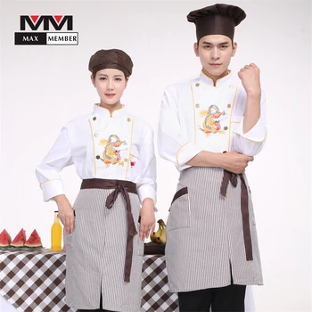 

White Men and Women Restaurant Chef Cook Wear Embroidery Dragon Double-breasted Long Sleeved Kitchen Work Jackets Cook Uniforms