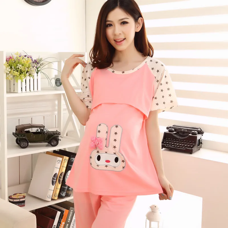 2017 New Pregnant Women Summer Pajamas Sets Short Sleeve Cartoon Breastfeeding T Shirt Maternity Sleepwear Lounge