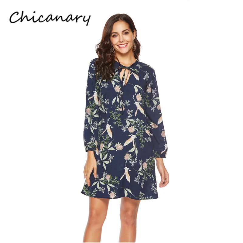 Chicanary Floral товары для птиц принт прямое платье для женщин бантом воротник с длинным рукавом Свободные цельнокроеное платья