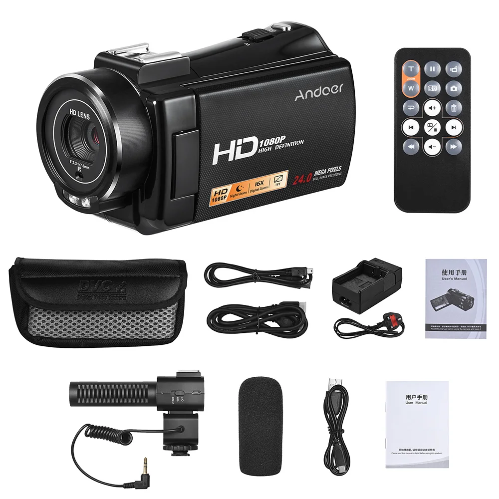 Andoer 1080 P Full HD 24MP Портативная Цифровая видеокамера пульт для видеокамеры управление инфракрасный видеорегистратор с ночным видением 16X Zoom