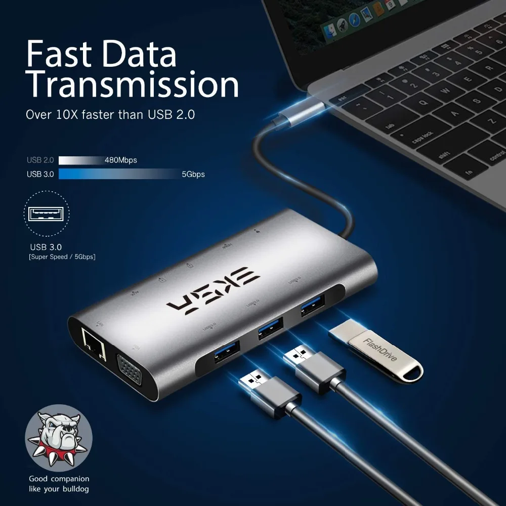 EKSA 10 en 1 USB Hub USB C con 4 K HDMI Puerto USB 3,0 SD/TF tarjeta lector VGA RJ45 Gigabit Ethernet para Dell/Samsung/Huawei P20 - 5
