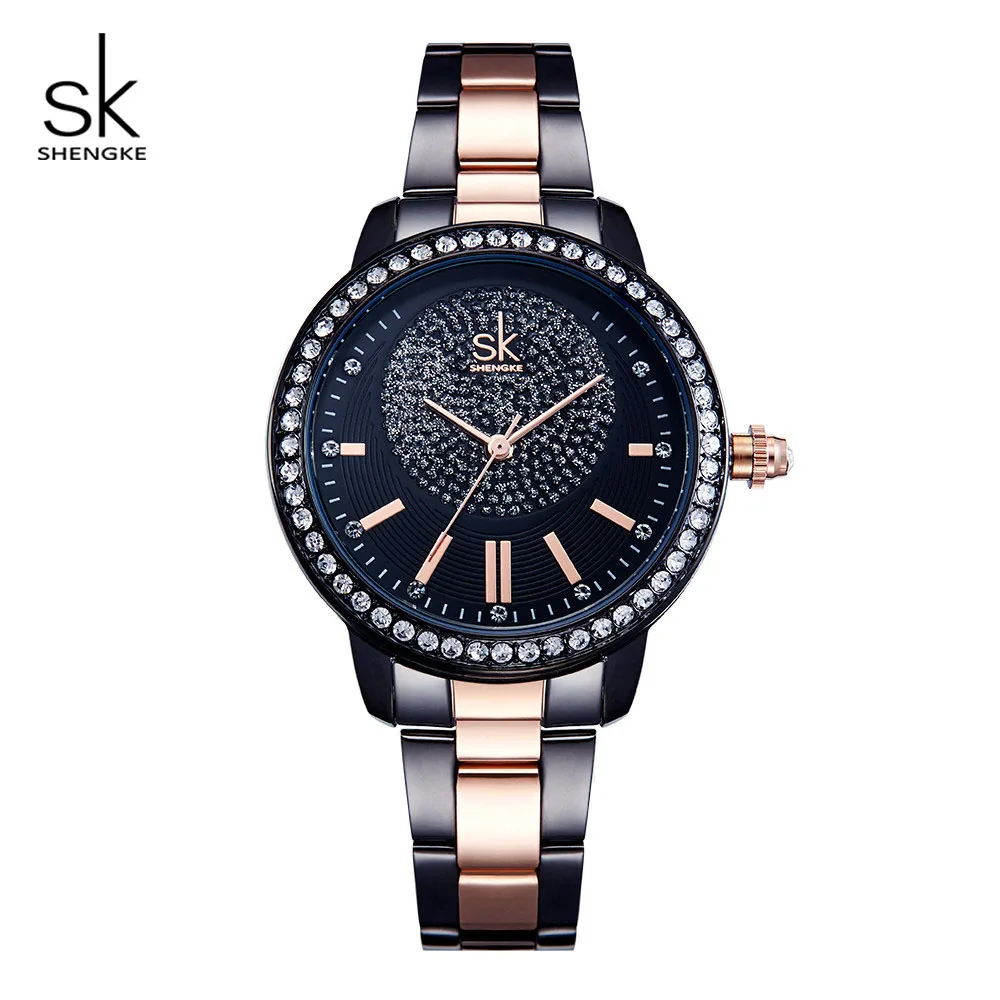 Shengke Роскошные Кварцевые часы для женщин с кристальным циферблатом женские часы-браслет Reloj Mujer SK женские наручные часы Montre Femme# K0075 - Цвет: Черный