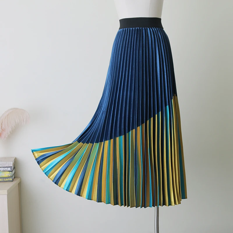 

High Street Fashion Spring Summer Women Skirts 2019 Elegant Ladies Elastic High Waist Color Block Print Mid Calf Pleated Skirt