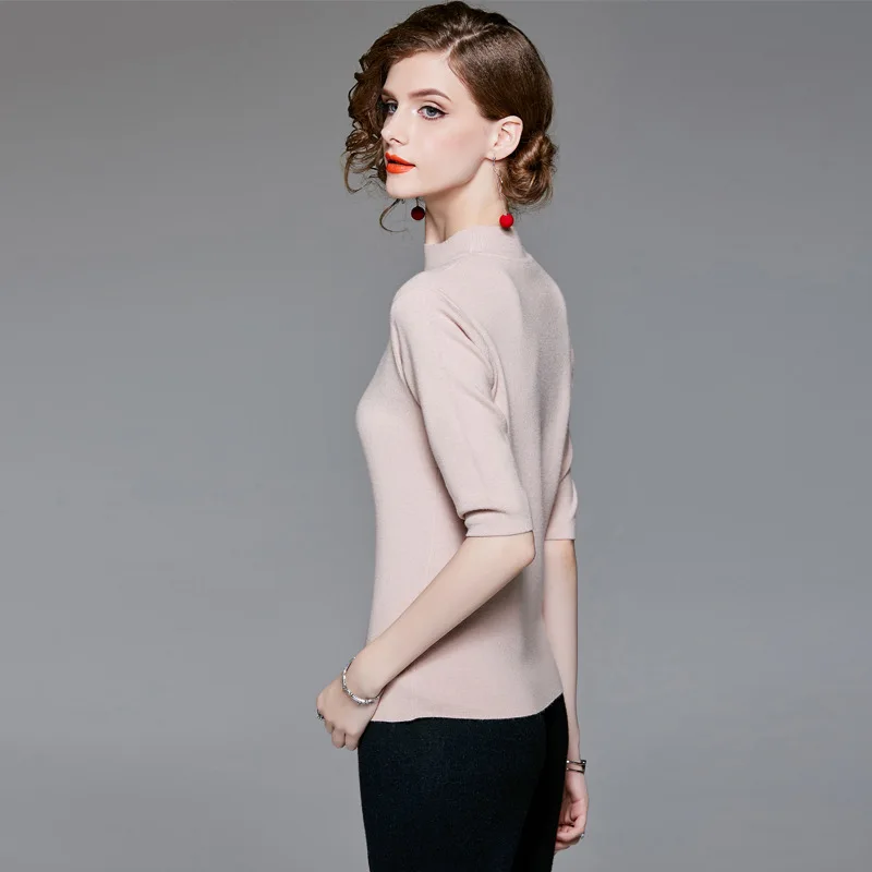 Solid half sleeve elastic knit slim sweater shirts 2018 new stand neck women autumn basic sweater