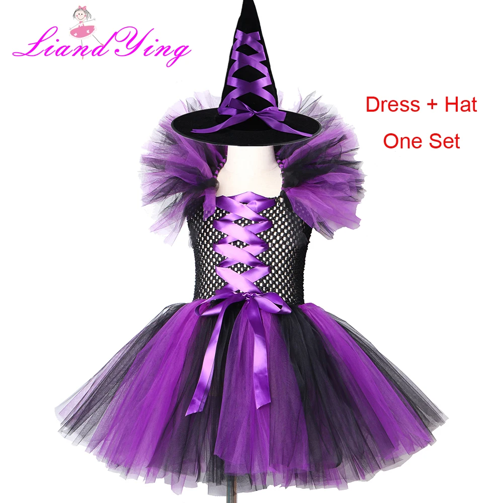 

Girls Witch Tutu Dress with Hat Purple Black Witch Costume Clothes Tulle Fancy Girls Carnival Party Dress Kids Halloween Cosplay
