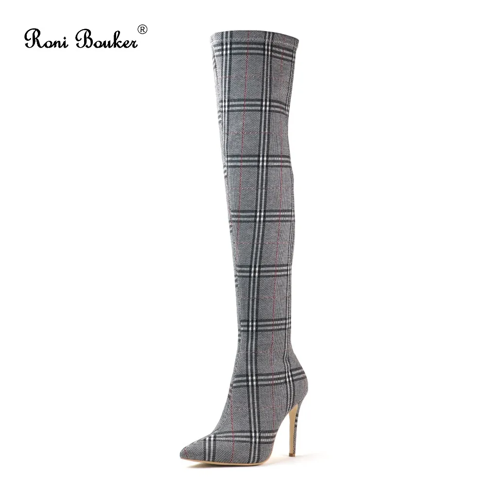 

Roni Bouker Women Genuine Leather Stretch Fabric Elastic Boots Autumn Winter Ladies Fashion Thin heels Over the Knee Shoes