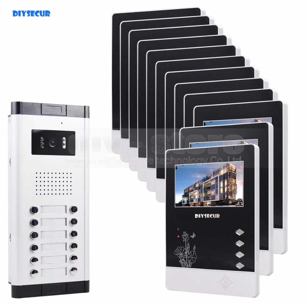 Diysecur 12x4.3 дюймов мониторов 4-проводной Квартира видео-телефон двери аудио и видео домофон ИК-камеры для 12 семей