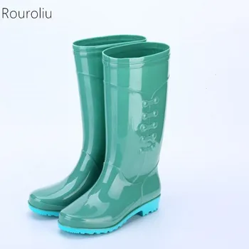 

Rouroliu Women Flat Heels Tall Rainboots PVC Waterproof Water Shoes Wellies Fashion Non-Slip Warm Rain Boots Woman RT348
